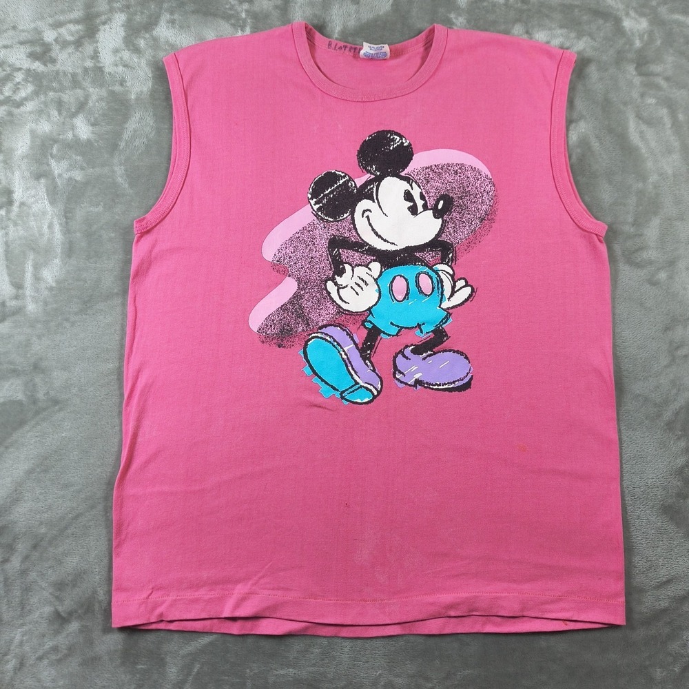 Vintage Disney Mickey Mouse Tank Top Women XL Pink Shirt 90s Made USA Sleeveless